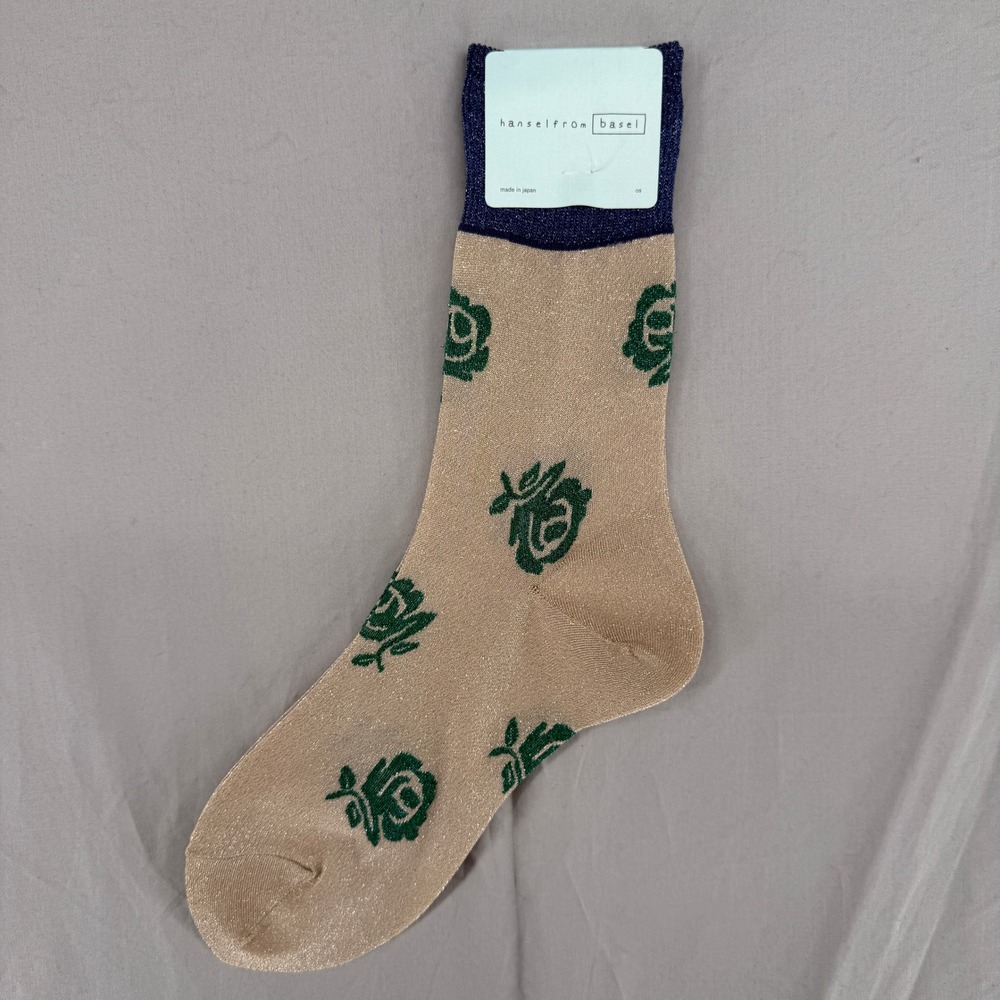 Hansel from Basel Rose Metallic Crew Socks Oat Green Navy Made in Japan NWT OS